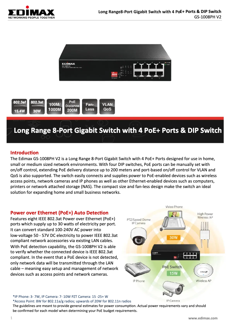 Page 1 de la notice Fiche technique Edimax GS-1008PH V2