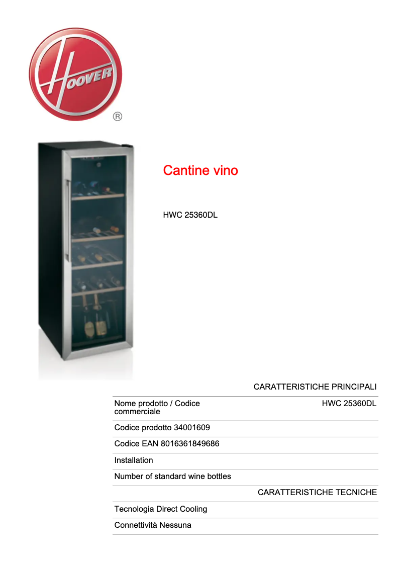Page 1 de la notice Fiche technique Hoover HWC 25360 DL