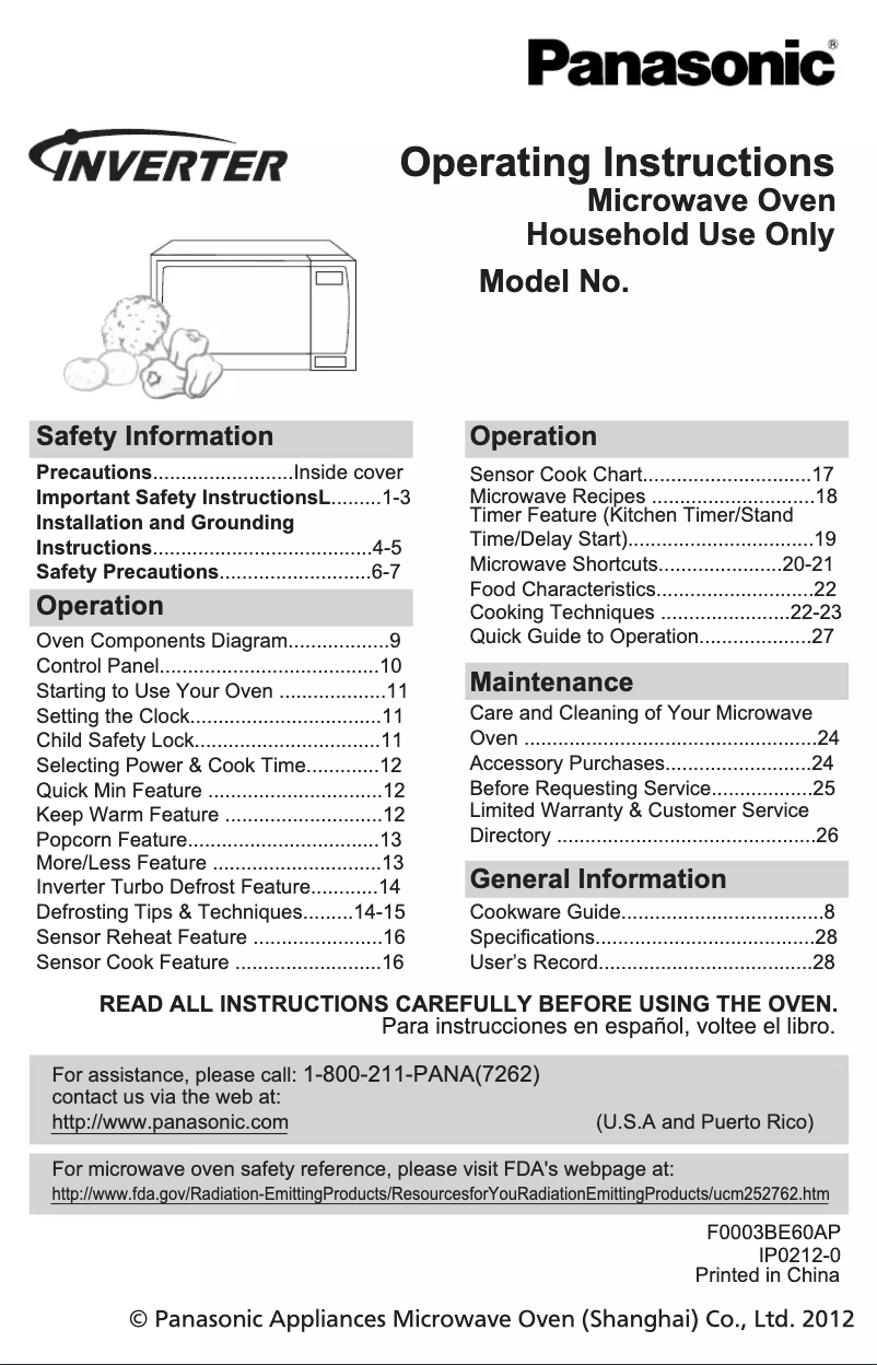 Page n°1 - Manuel utilisateur Panasonic Inverter NN-SN952
