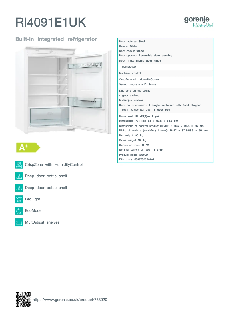 Page n°1 - Fiche technique Gorenje RI4091E1UK