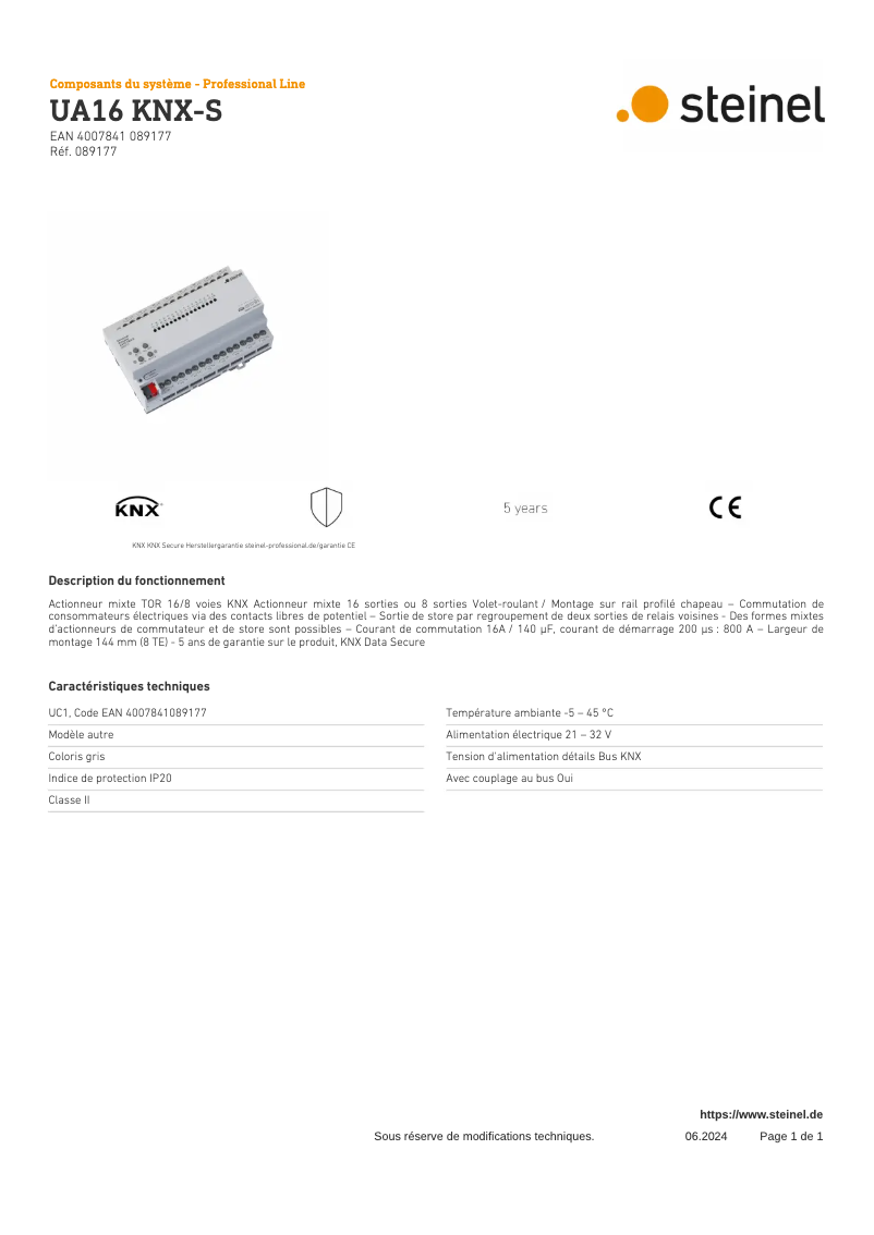 Page n°1 - Fiche technique Steinel UA16 KNX