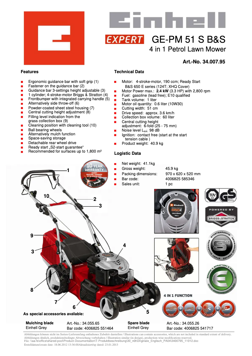 Page n°1 - Fiche technique Einhell GE-PM 51 S B&S