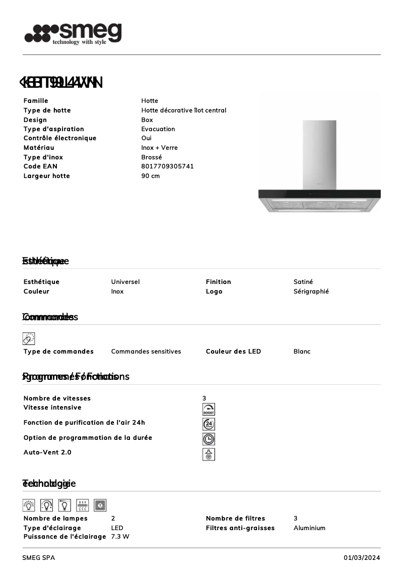 Page 1 de la notice Fiche technique Smeg KBTI9L4VN