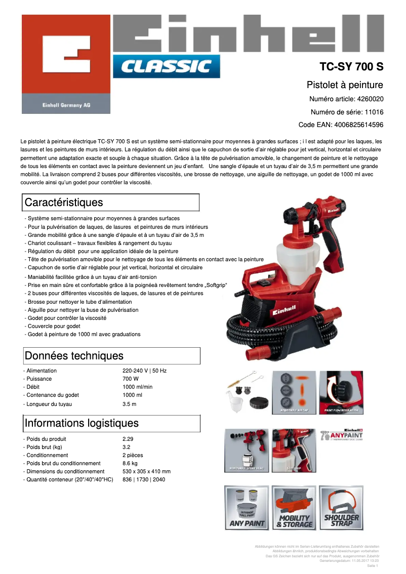 Page 1 de la notice Fiche technique Einhell TC-SY 700 S