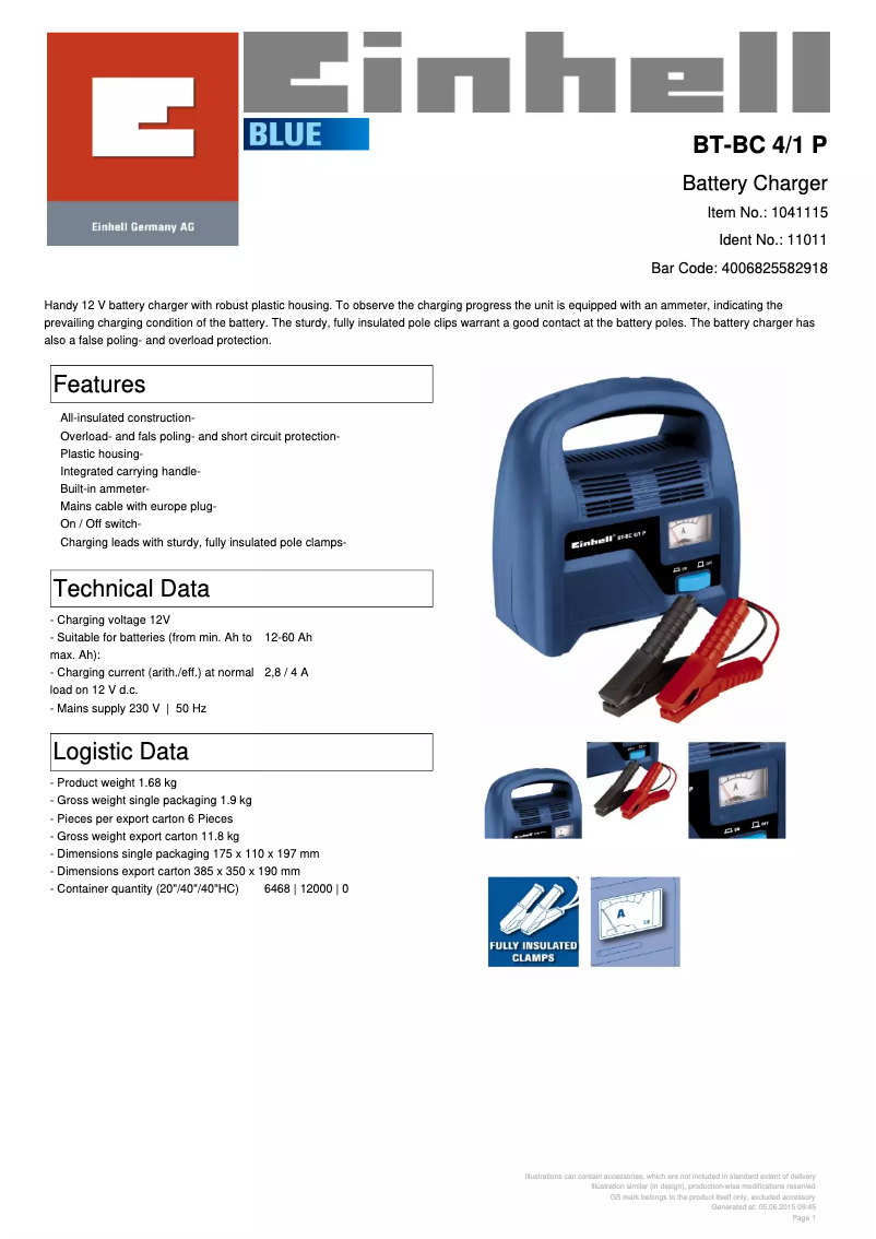 Page 1 de la notice Fiche technique Einhell BT-BC 4/1 P
