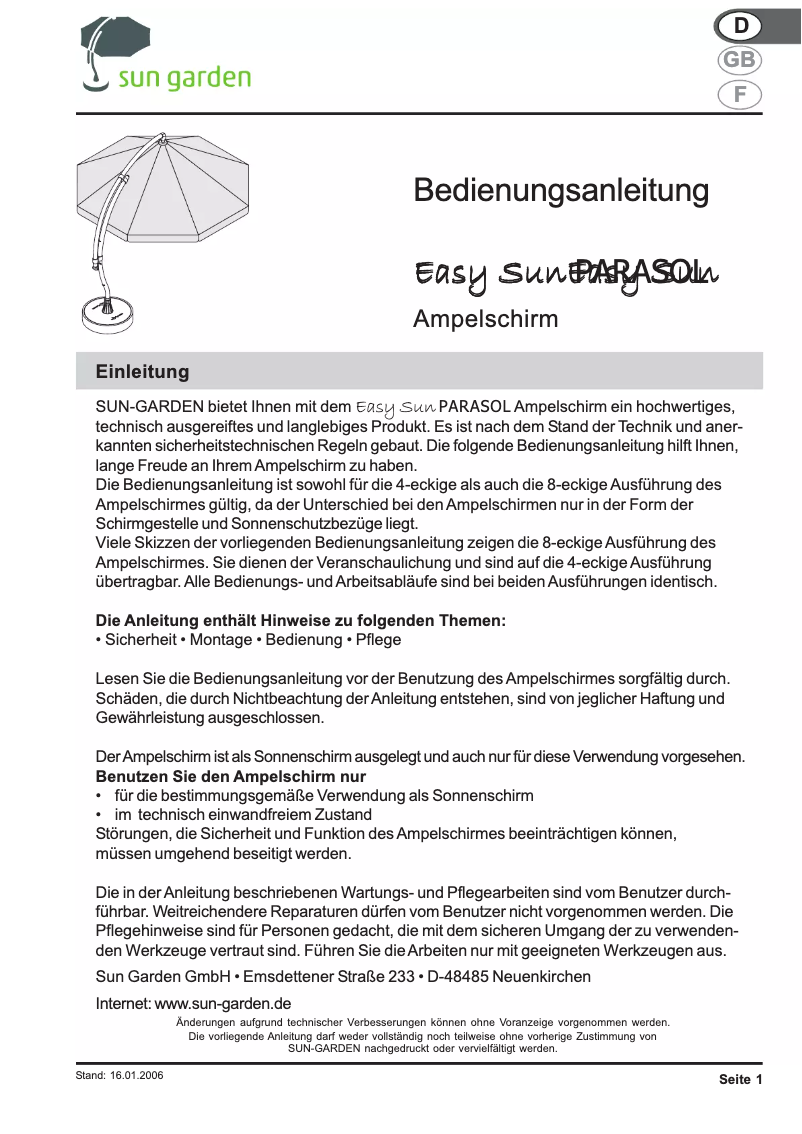 Page n°1 - Manuel utilisateur Sun Garden Easy Sun