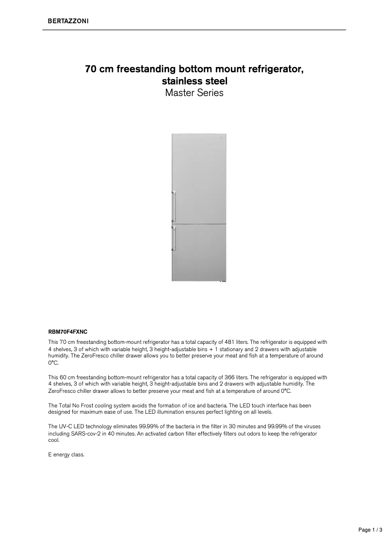 Page 1 de la notice Fiche technique Bertazzoni RBM70F4FXNC