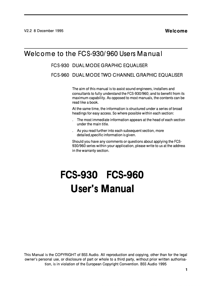 Page n°1 - Manuel utilisateur BSS Audio FCS-960