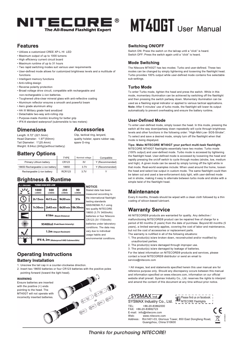 Page 1 of the manual User Manual Nitecore MT40GT