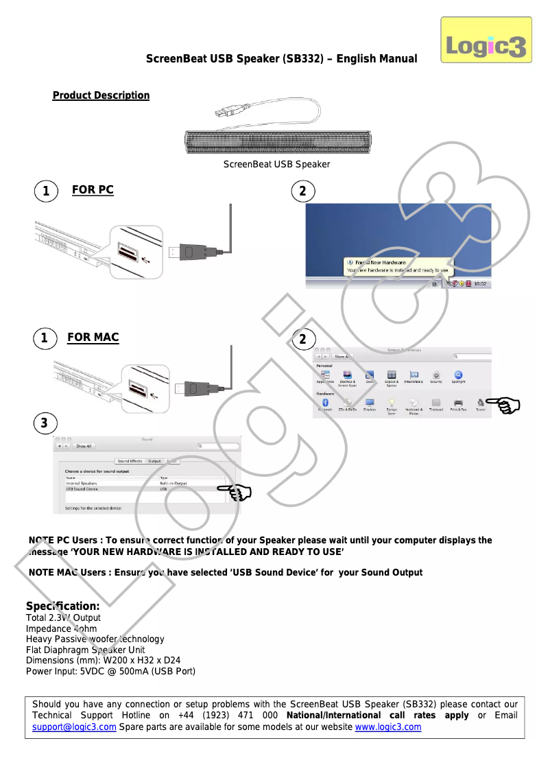 Page 1 de la notice Manuel utilisateur Logic3 SB332K
