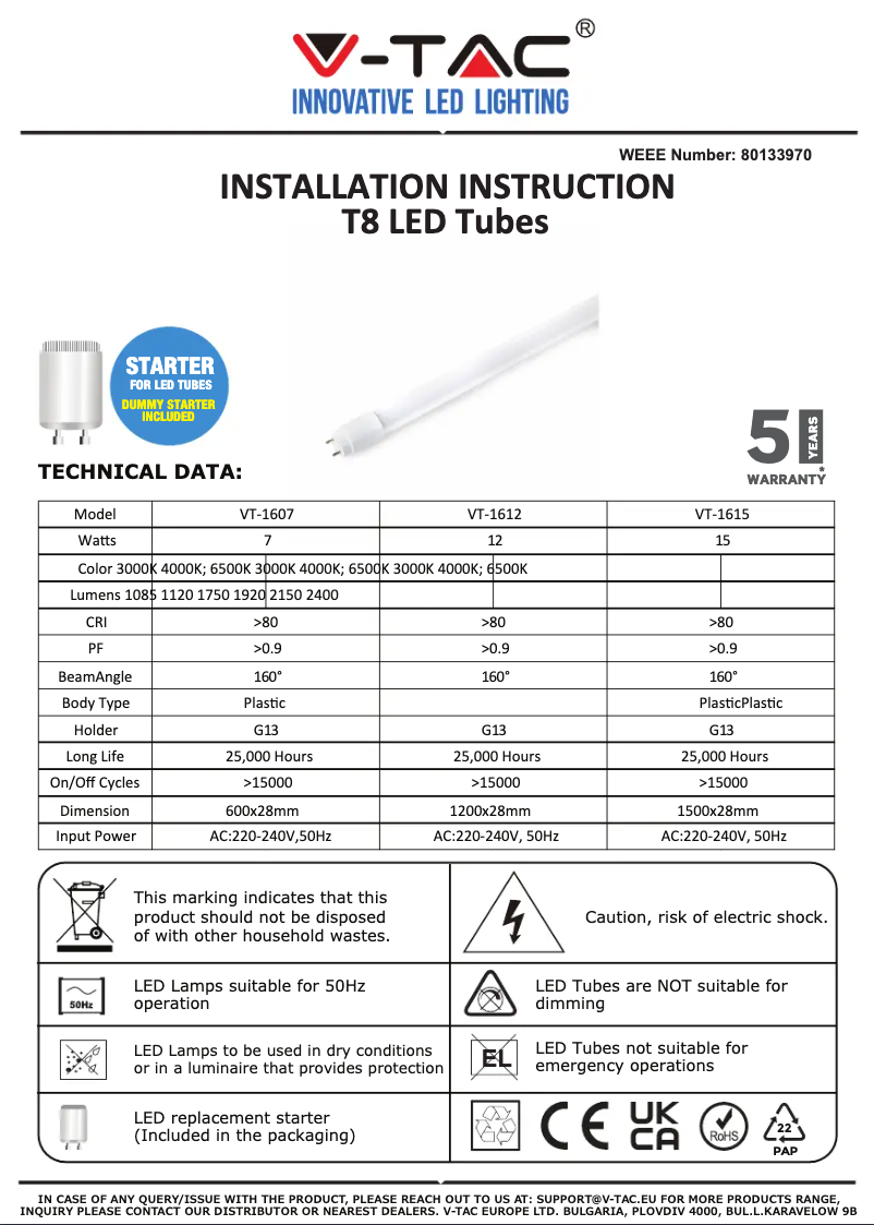 Page 1 de la notice Manuel utilisateur V-TAC VT-1615