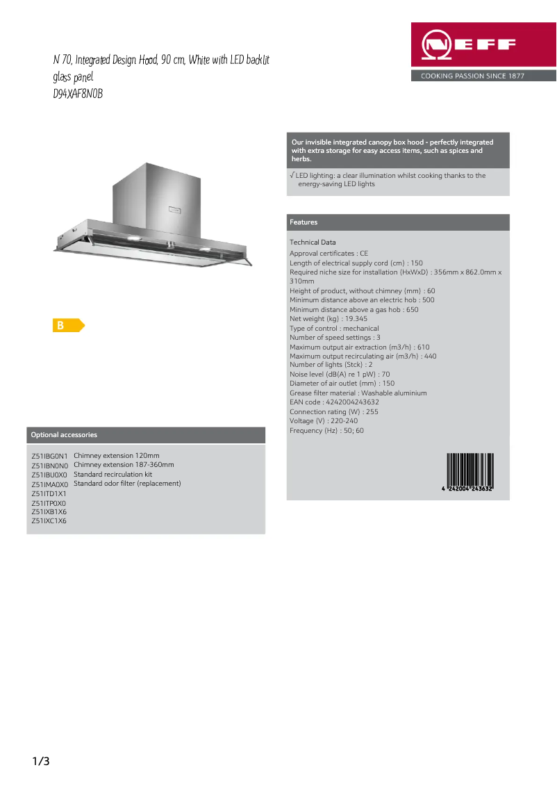 Page 1 de la notice Fiche technique Neff D94XAF8N0B