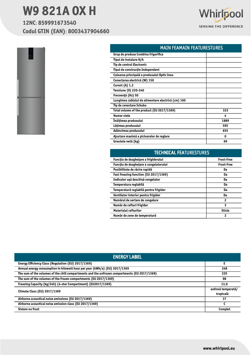 Page n°1 - Fiche technique Whirlpool W9 821A OX H