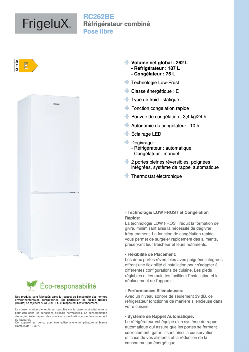 Page n°1 - Fiche technique FrigeluX RC262BE