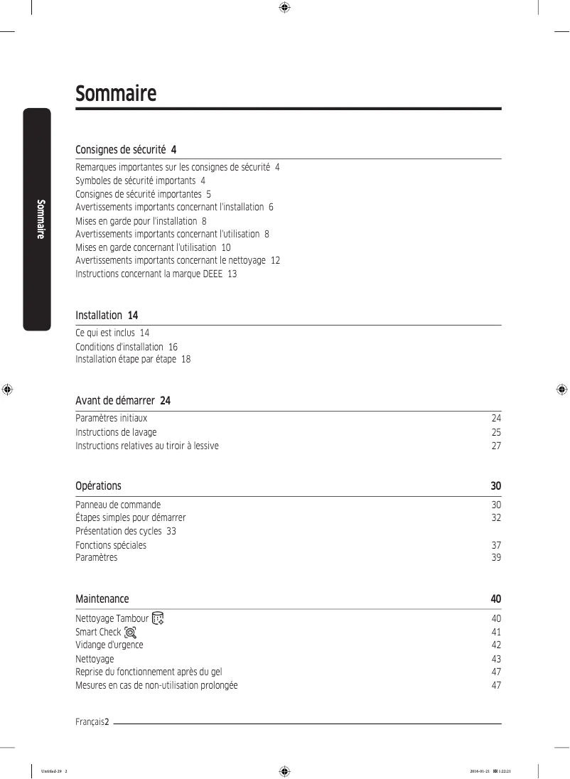 Page 1 de la notice Manuel utilisateur Samsung WW90K5410UX