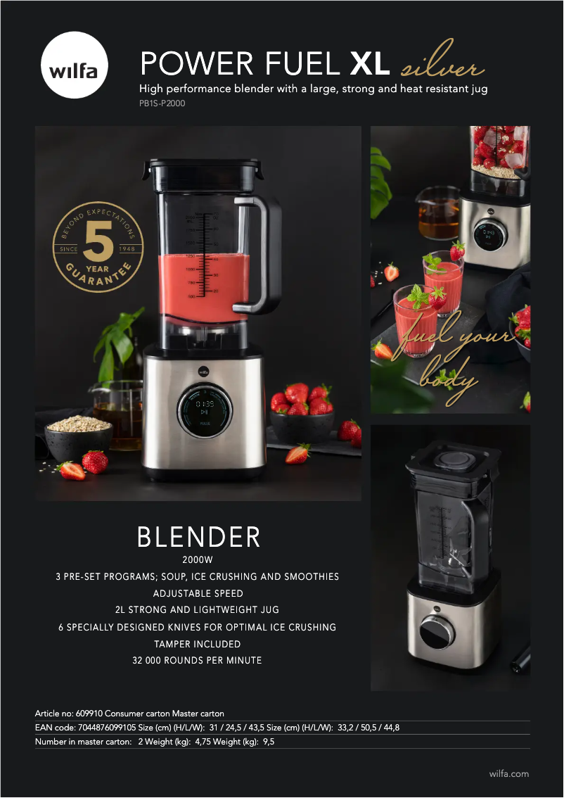 Page 1 de la notice Fiche technique Wilfa Power Fuel XL PB1S-P2000