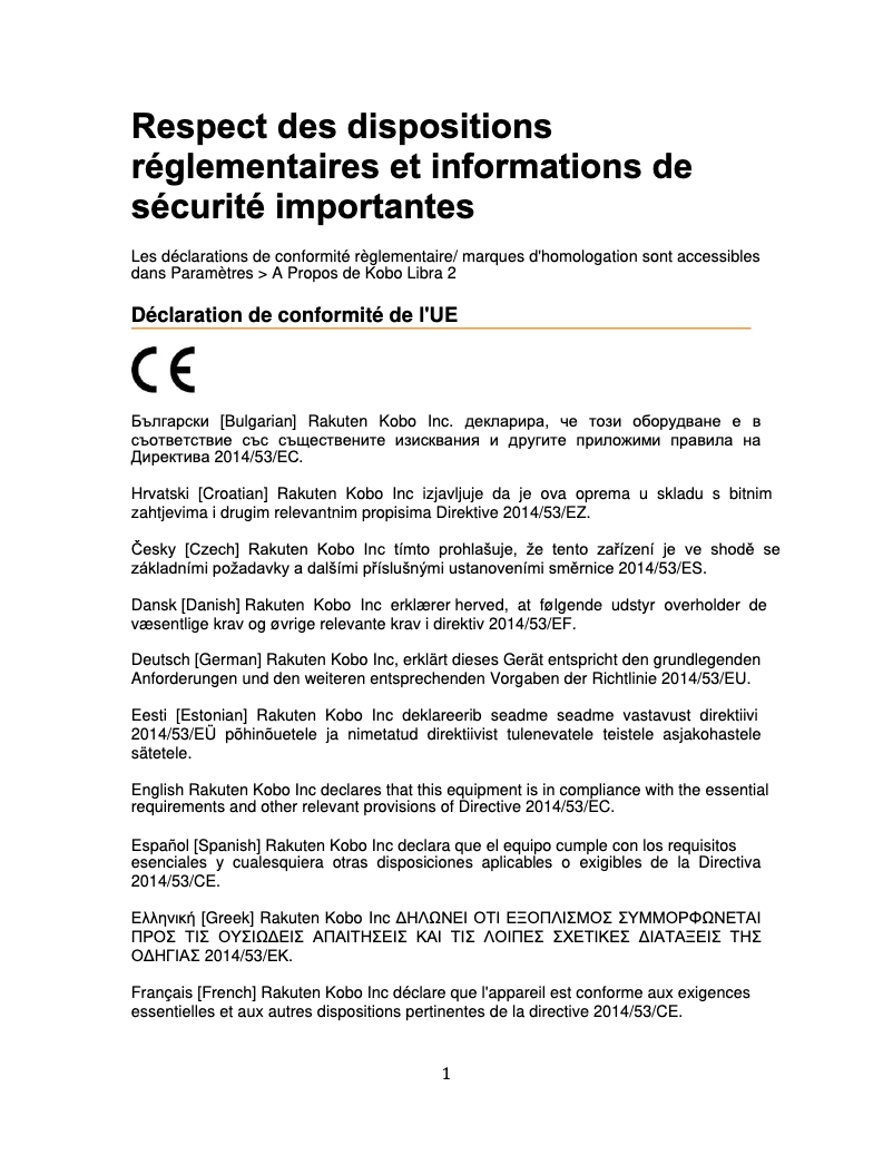 Page 1 de la notice Instructions de sécurité Kobo Libra 2
