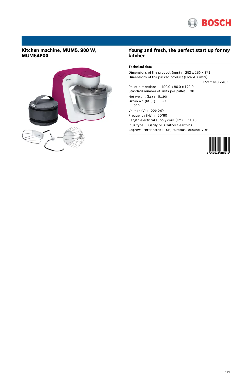 Page n°1 - Fiche technique Bosch MUM54P00