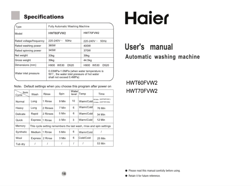 Page n°1 - Mode d'emploi Haier HWT60FVW2