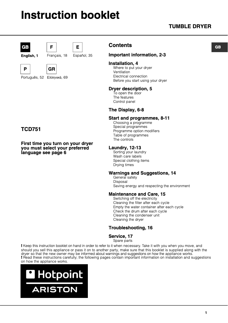 Page 1 de la notice Manuel utilisateur Hotpoint Ariston TCD 751 HA