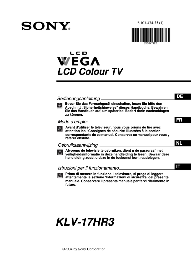 Page 1 de la notice Manuel utilisateur Sony KLV-17HR3