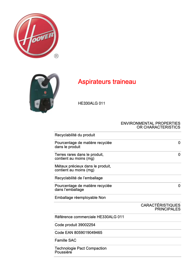 Page n°1 - Fiche technique Hoover HE330ALG 011