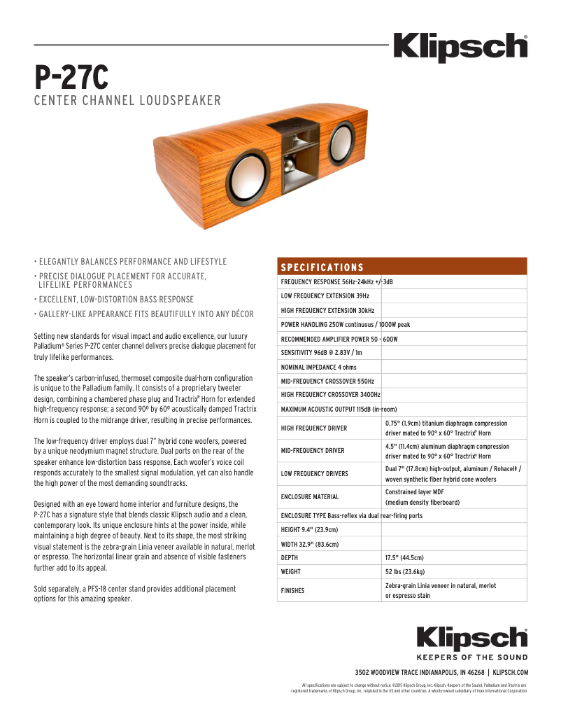 Page 1 de la notice Fiche technique Klipsch Palladium P-27C