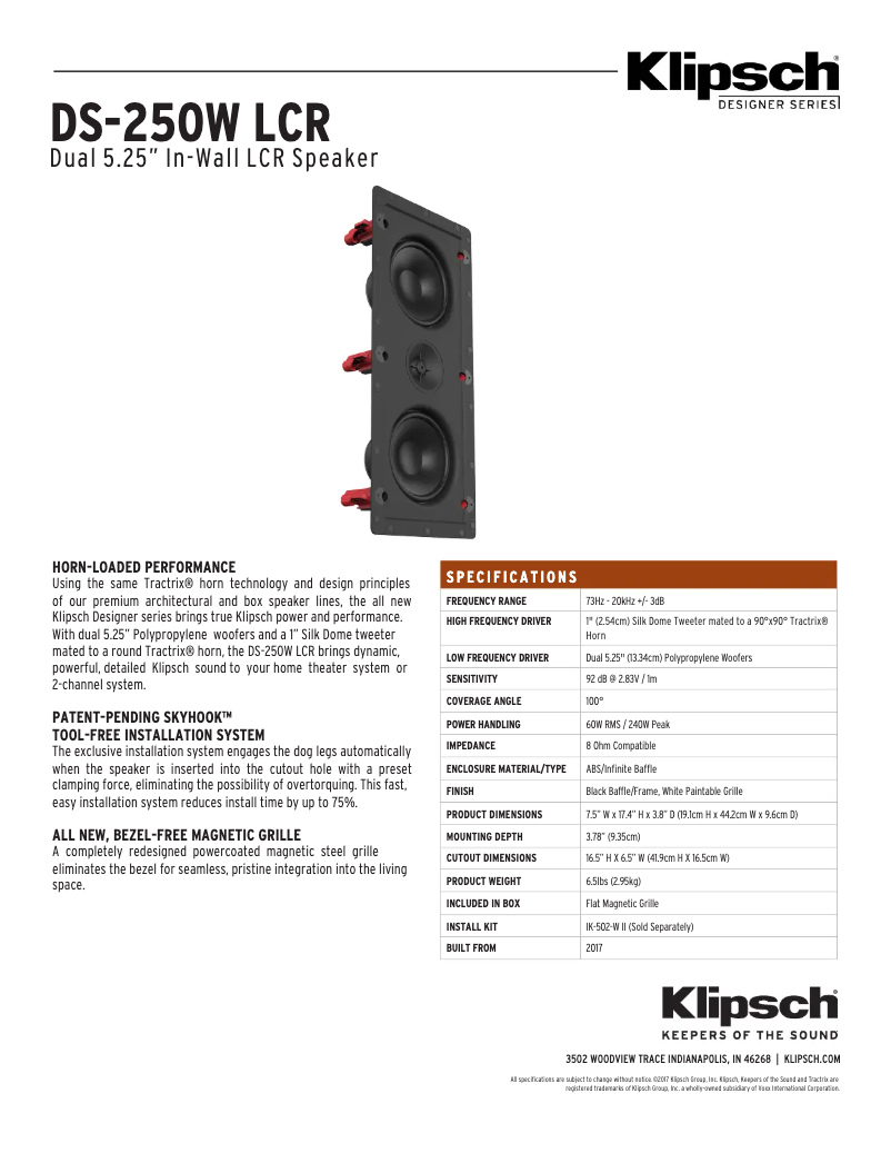 Page 1 de la notice Fiche technique Klipsch DS-250W LCR