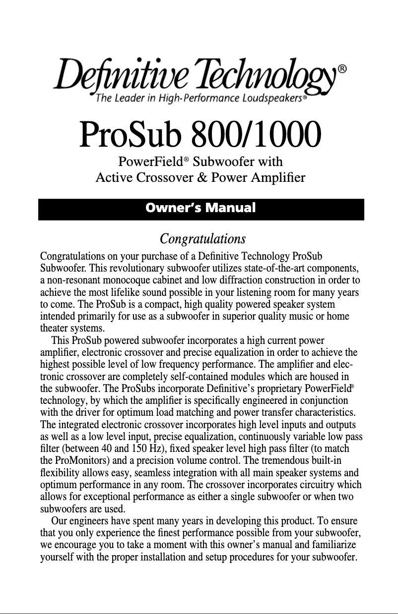 Page 1 de la notice Manuel utilisateur Definitive Technology ProSub 800
