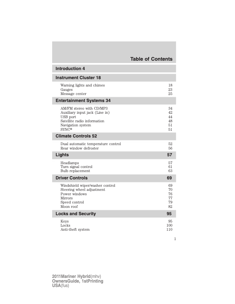Page 1 de la notice Manuel utilisateur Mercury Mariner Hybrid (2011)