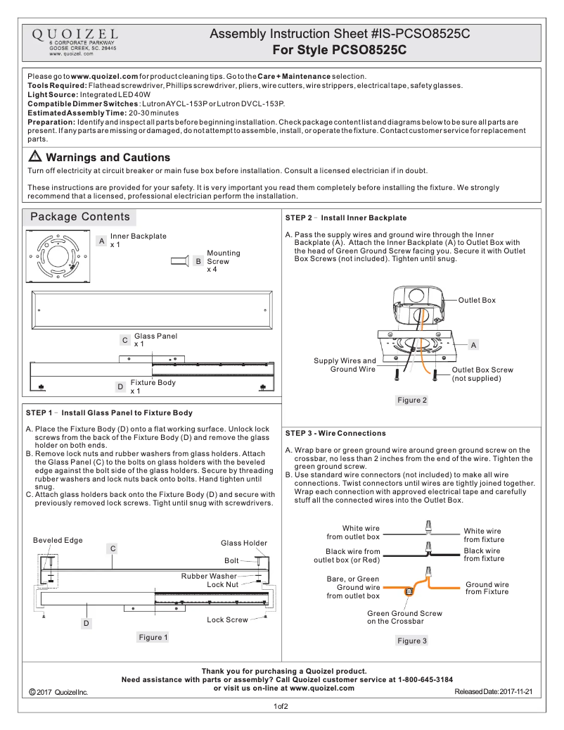 Page 1 de la notice Manuel utilisateur Quoizel PCSO8525C