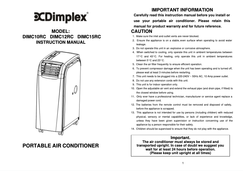 Página 1 del manual Manual de usuario Dimplex DIMC10RC