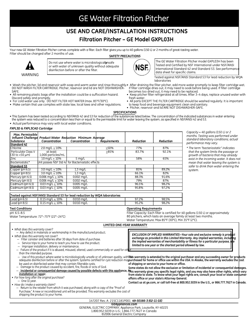 Page 1 de la notice Manuel utilisateur GE GXPL03H