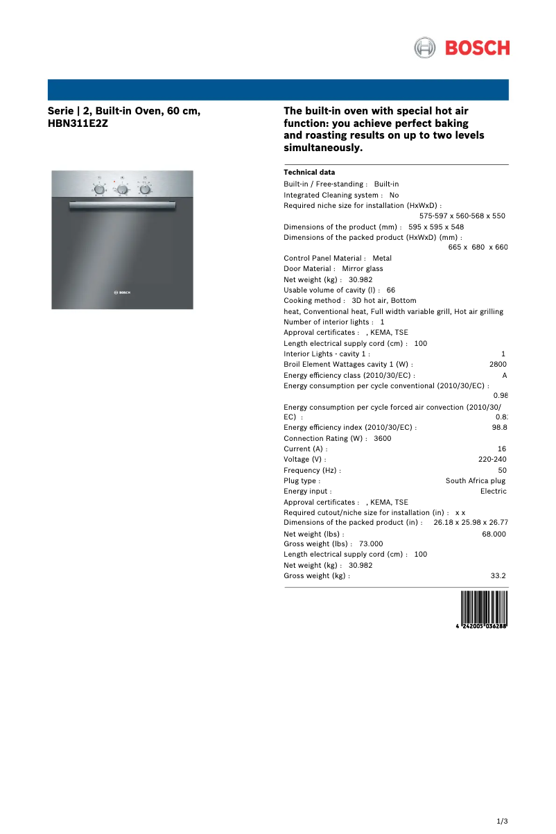 Page 1 of the manual Technical Sheet Bosch HBN311E2Z