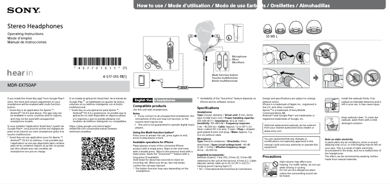 Imagen de la primera página del manual del dispositivo MDR-EX750AP