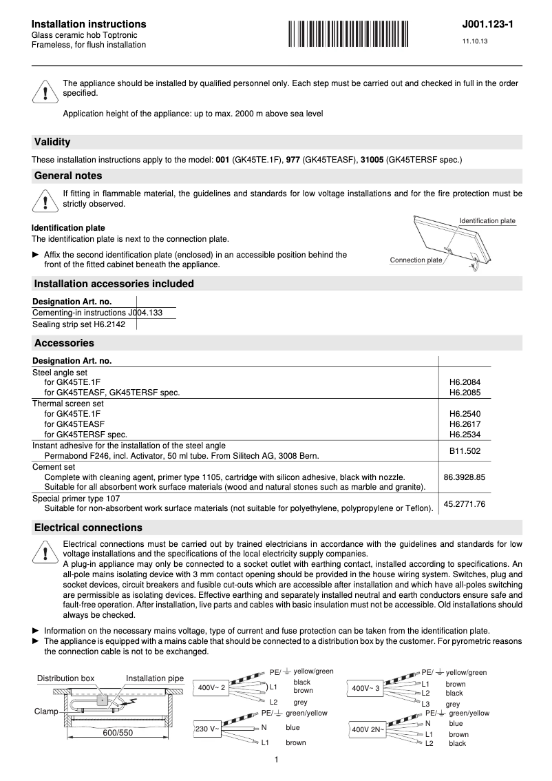 Page n°1 - Guide d'installation V-Zug GK45TEASF