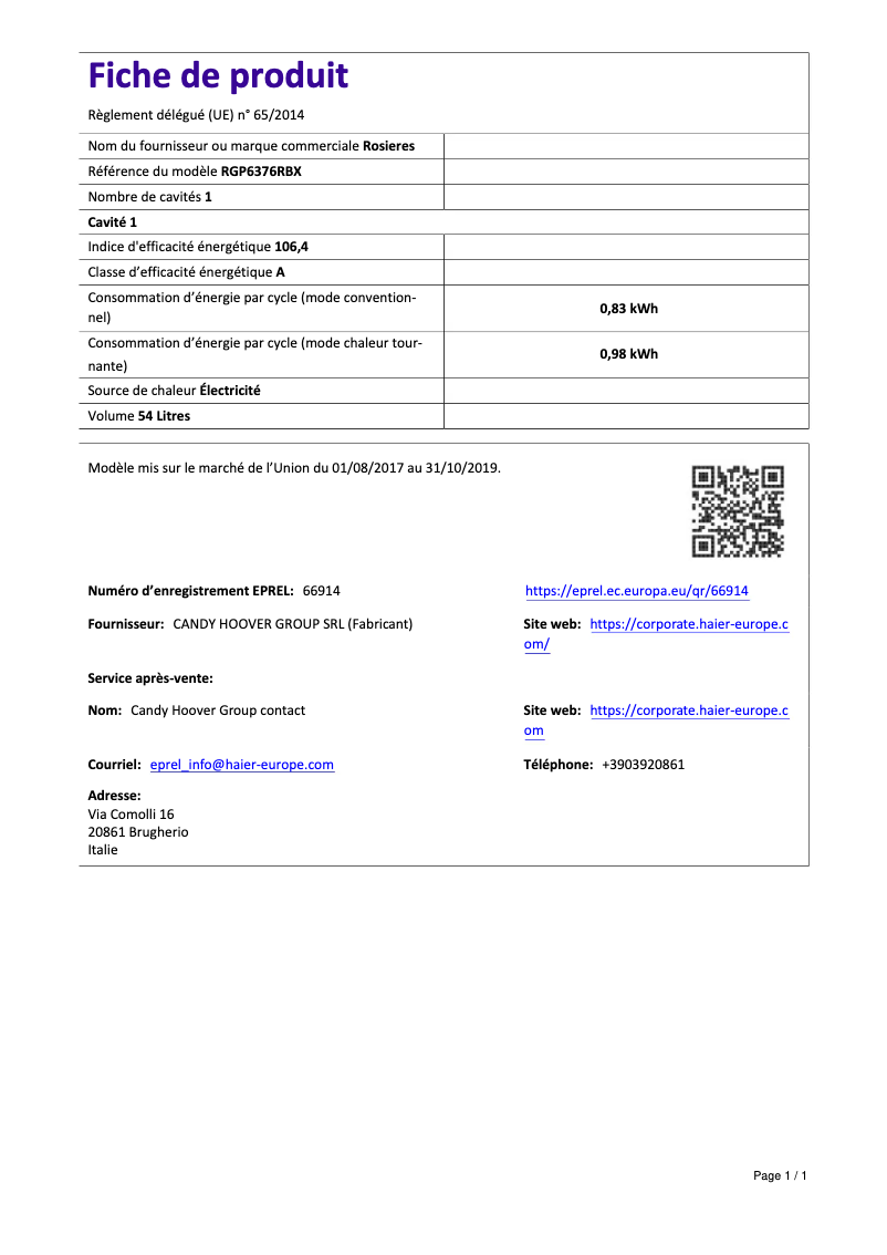 Page n°1 - Fiche technique Rosieres RGP 6376 RBX