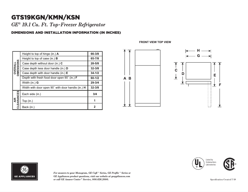 Page 1 de la notice Instructions / montage GE GTS19KGNRWW