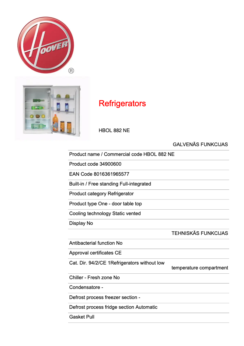Page n°1 - Fiche technique Hoover HBOL 882 NE