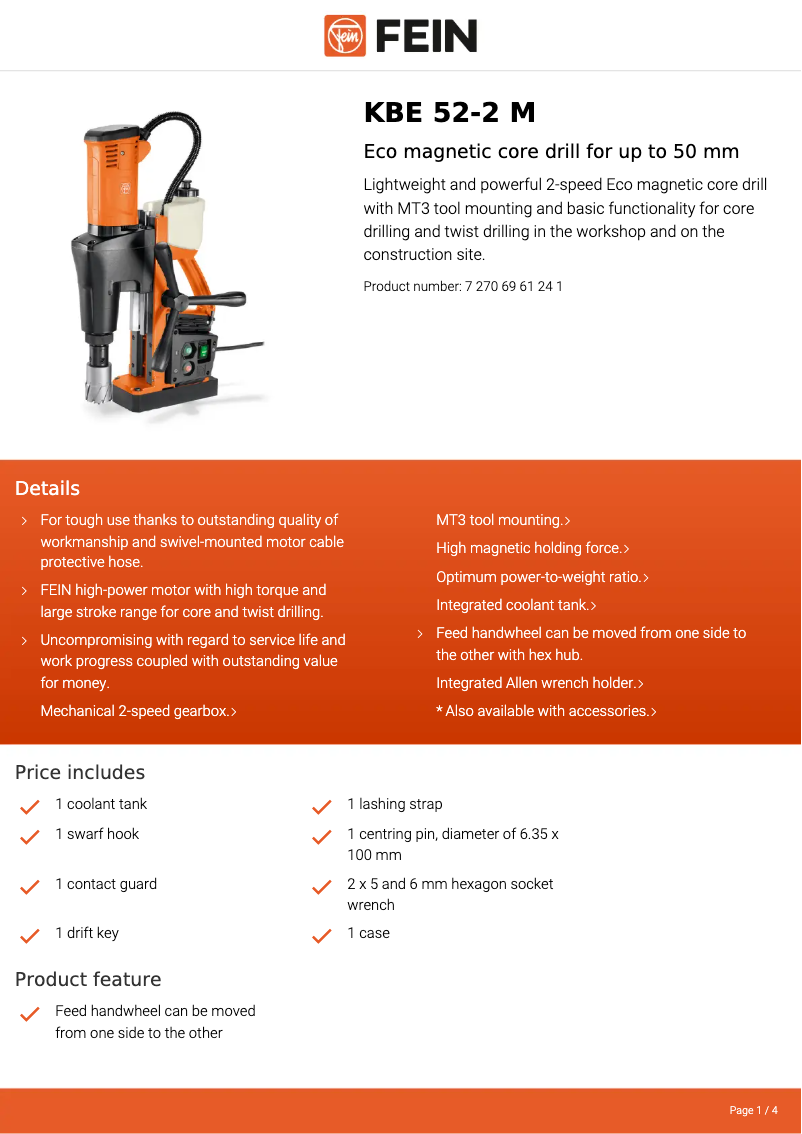 Page 1 de la notice Fiche technique Fein KBE 52-2 M