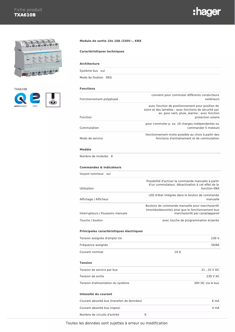 Page 1 de la notice Fiche technique Hager TXA610B