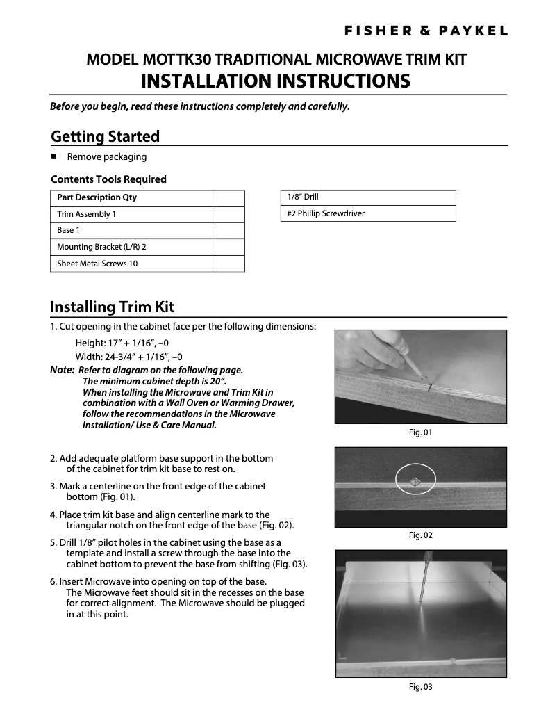 Page n°1 - Guide d'installation Fisher & Paykel MOTTK-30
