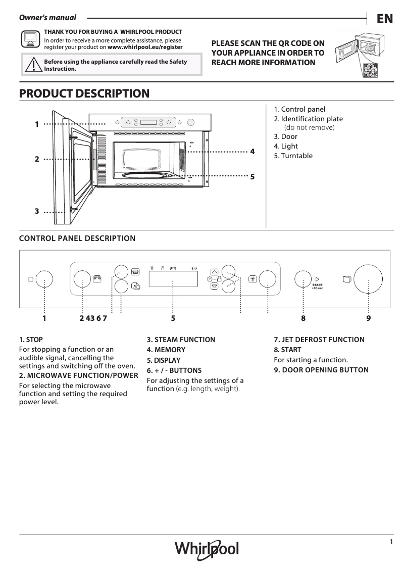 Page 1 de la notice Manuel d'utilisation et d'entretien Whirlpool AMW 424/IX