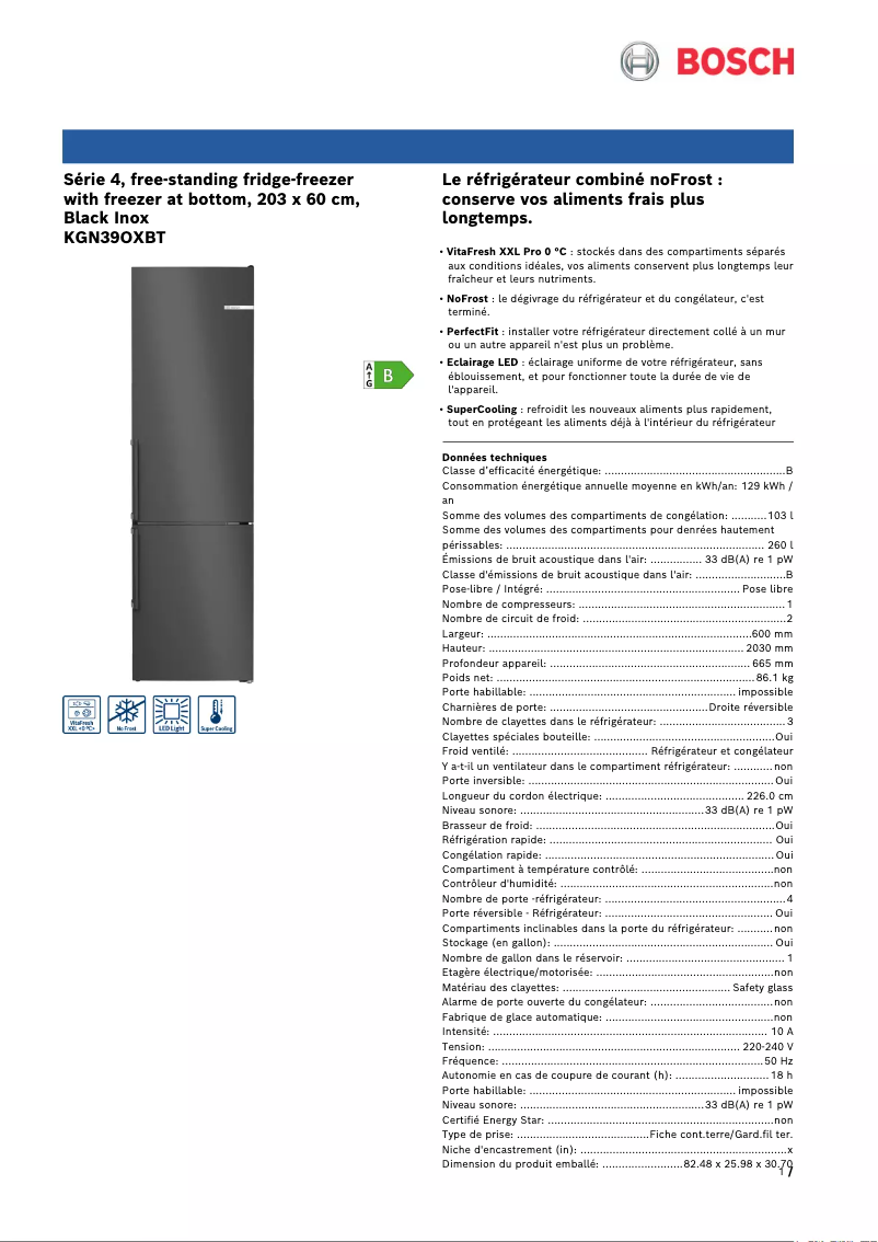 Page n°1 - Fiche technique Bosch KGN39OXBT