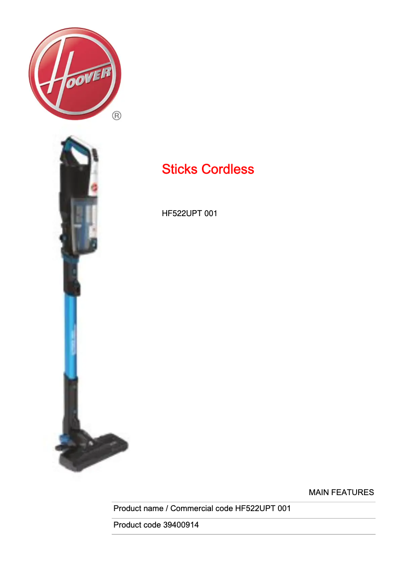 Page n°1 - Fiche technique Hoover H-Free 500 HF522UPT 001