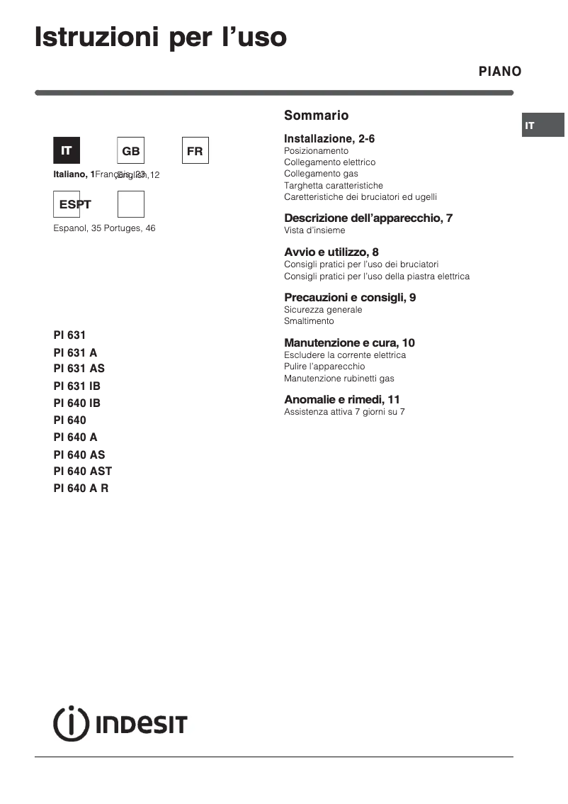 Page 1 de la notice Manuel utilisateur Indesit PI 631 AS (IX)