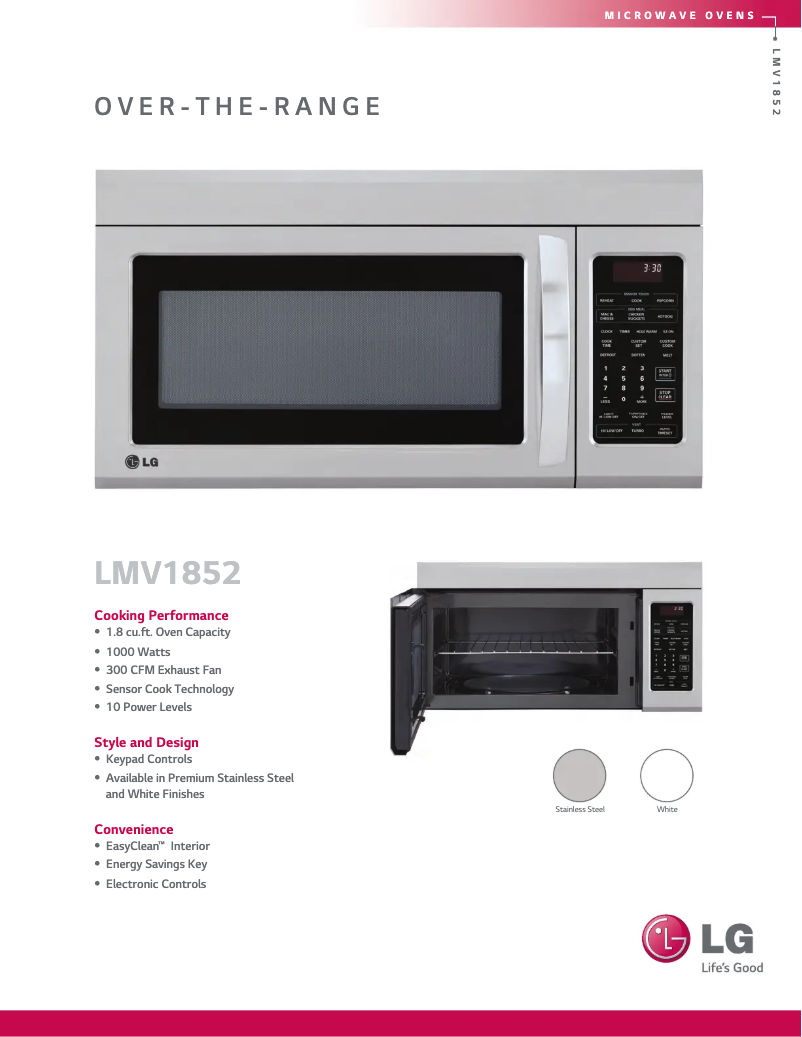 Page 1 de la notice Fiche technique LG LMV1852ST
