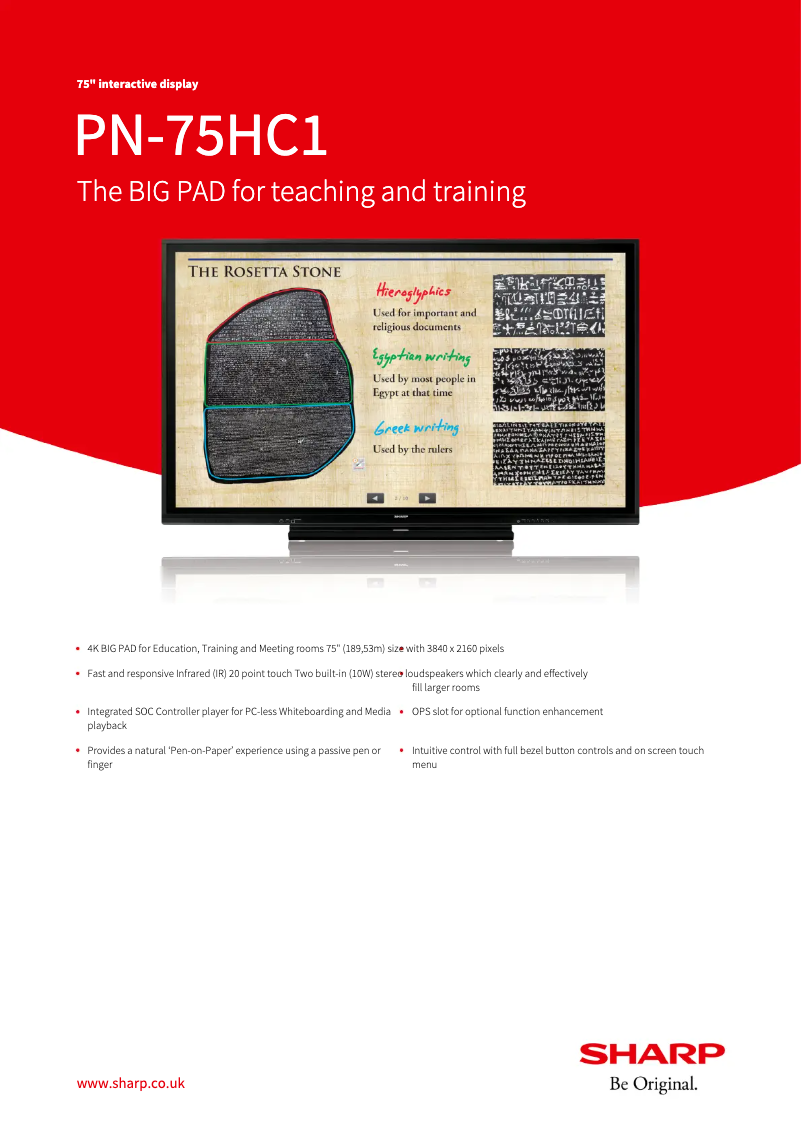 Page 1 de la notice Fiche technique Sharp PN-75HC1
