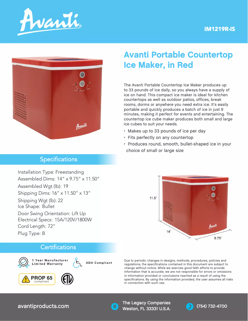 Page 1 de la notice Fiche technique Avanti IM1219R-IS