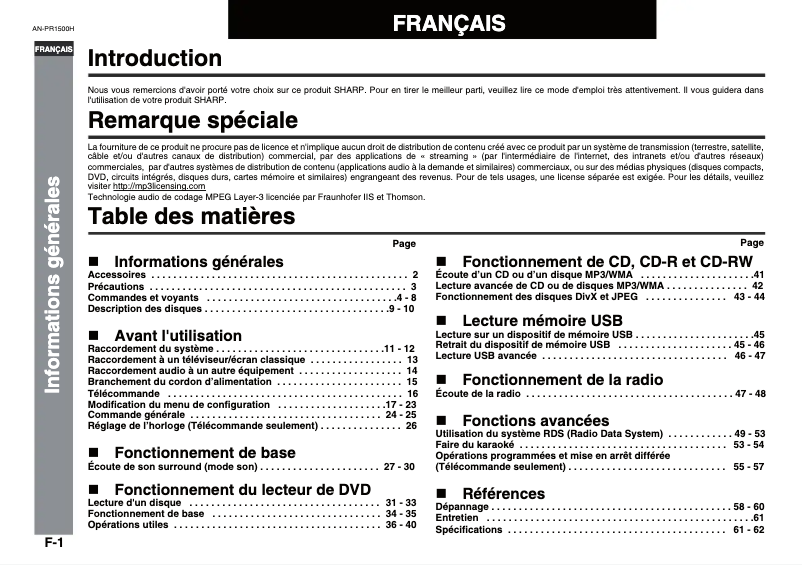 Page 1 de la notice Manuel utilisateur Sharp AN-PR1500H